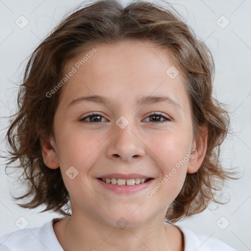 Joyful white child female with medium  brown hair and brown eyes