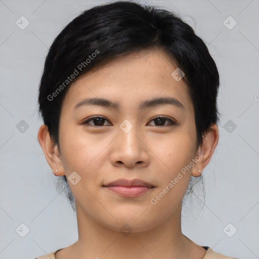 Joyful asian young-adult female with medium  black hair and brown eyes