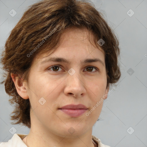 Joyful white adult female with medium  brown hair and brown eyes