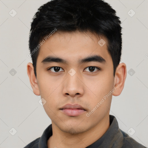 Neutral asian young-adult male with short  black hair and brown eyes