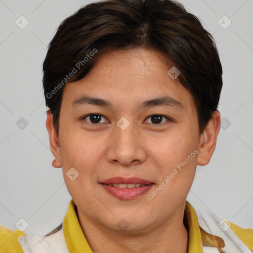 Joyful white young-adult female with short  brown hair and brown eyes
