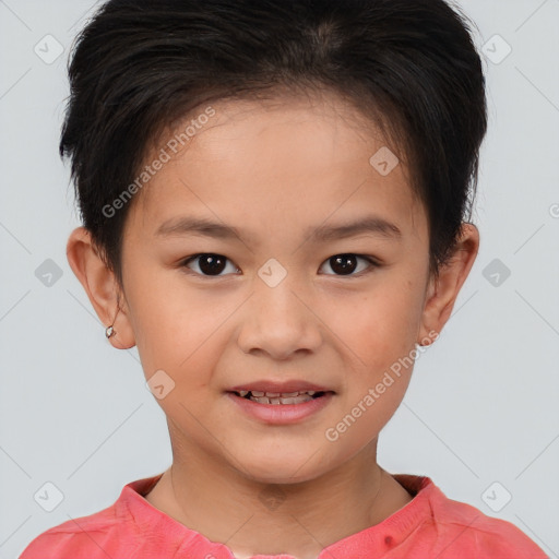 Joyful white child female with short  brown hair and brown eyes