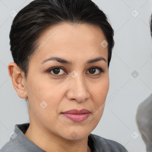 Joyful white young-adult female with medium  brown hair and brown eyes