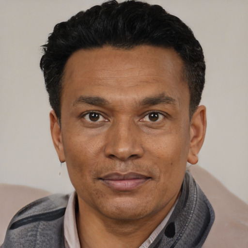 Joyful latino adult male with short  black hair and brown eyes