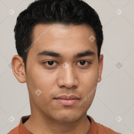 Neutral latino young-adult male with short  black hair and brown eyes