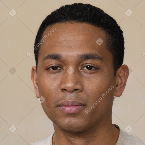 Neutral latino young-adult male with short  black hair and brown eyes