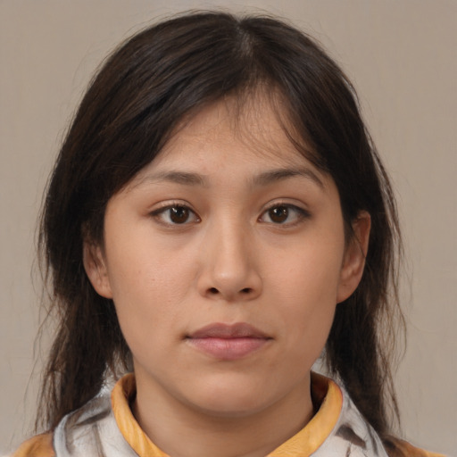 Neutral asian young-adult female with medium  brown hair and brown eyes