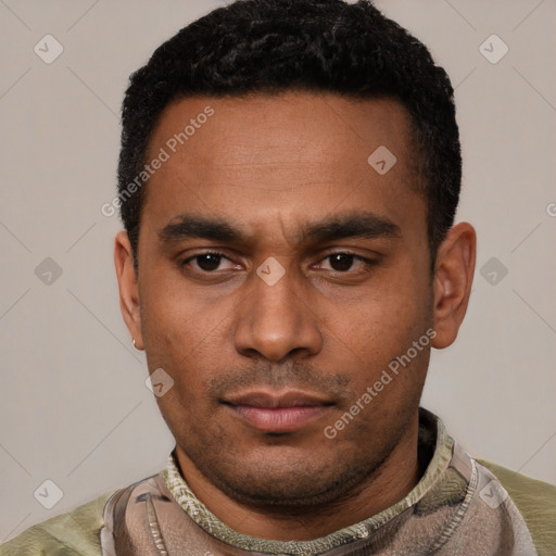 Neutral latino young-adult male with short  black hair and brown eyes