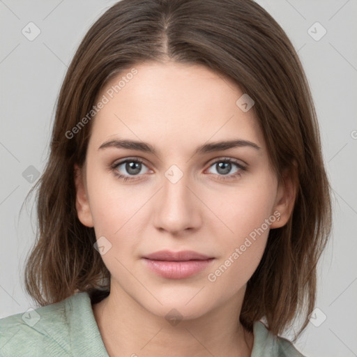 Neutral white young-adult female with medium  brown hair and brown eyes