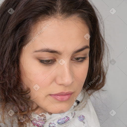 Neutral white young-adult female with medium  brown hair and brown eyes