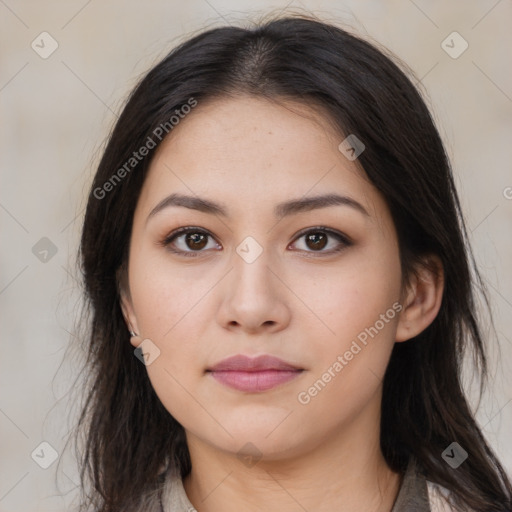 Neutral latino young-adult female with medium  brown hair and brown eyes