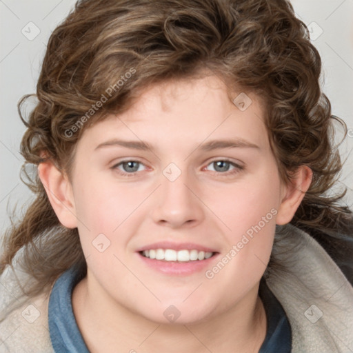 Joyful white young-adult female with medium  brown hair and blue eyes