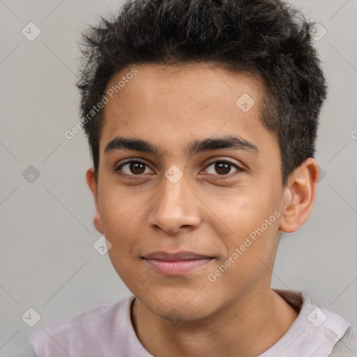 Joyful latino young-adult male with short  brown hair and brown eyes