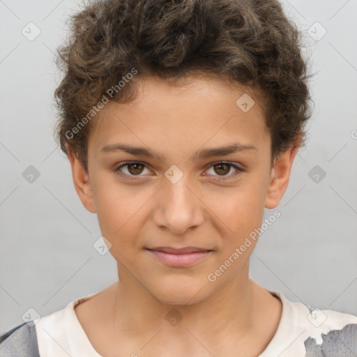 Joyful white child male with short  brown hair and brown eyes