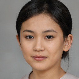 Neutral asian young-adult female with medium  brown hair and brown eyes