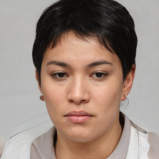 Neutral asian young-adult female with short  brown hair and brown eyes