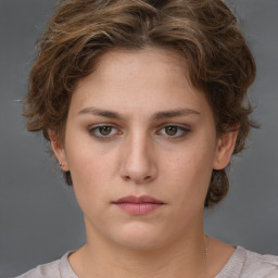 Neutral white young-adult female with short  brown hair and brown eyes