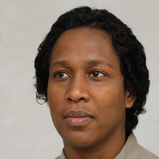 Neutral black young-adult female with short  black hair and brown eyes