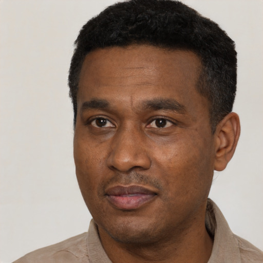 Joyful black adult male with short  black hair and brown eyes