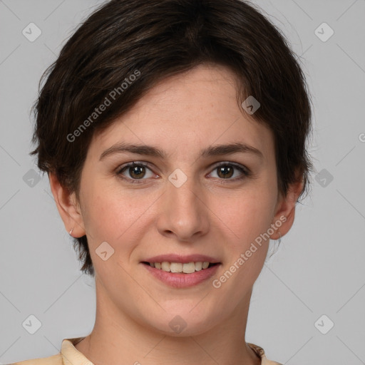 Joyful white young-adult female with short  brown hair and brown eyes