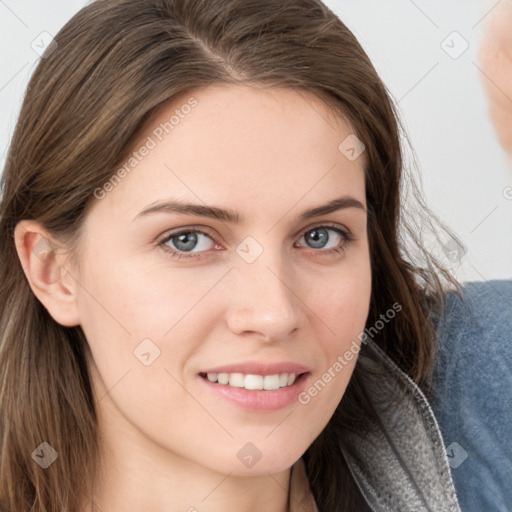 Joyful white young-adult female with long  brown hair and grey eyes