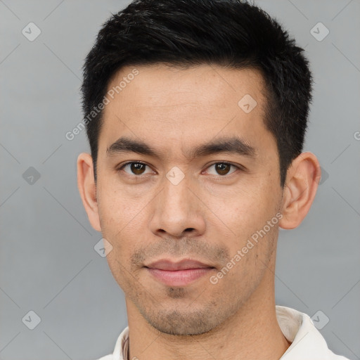 Neutral asian young-adult male with short  black hair and brown eyes