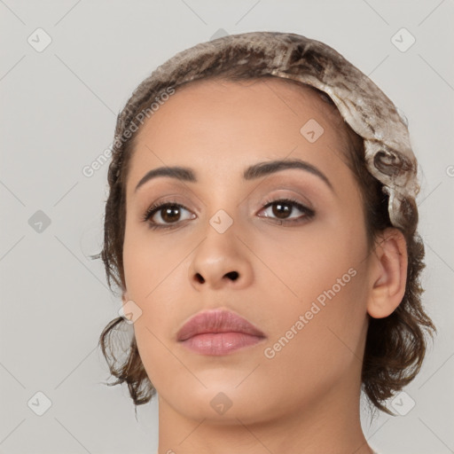 Neutral white young-adult female with medium  brown hair and brown eyes