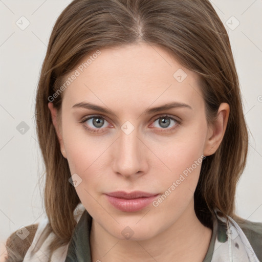 Neutral white young-adult female with medium  brown hair and grey eyes