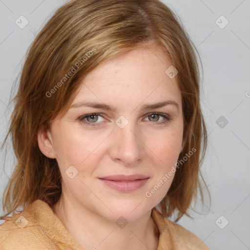 Joyful white young-adult female with medium  brown hair and blue eyes