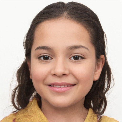 Joyful white child female with medium  brown hair and brown eyes