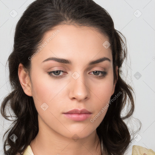 Neutral white young-adult female with medium  brown hair and brown eyes