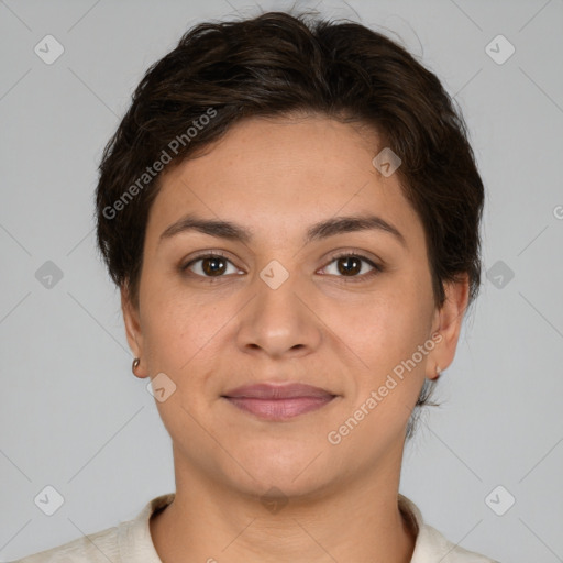 Joyful white young-adult female with short  brown hair and brown eyes