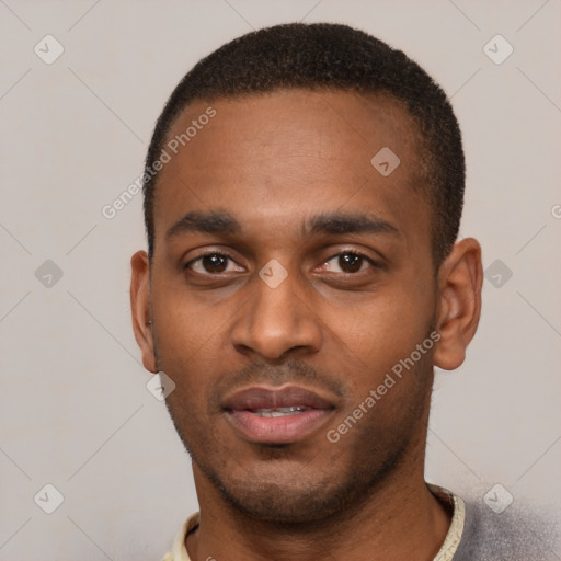 Neutral latino young-adult male with short  black hair and brown eyes