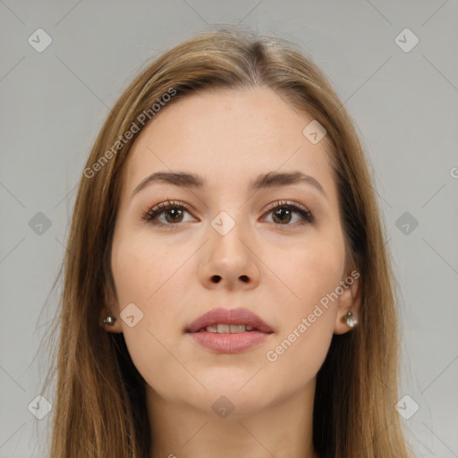 Neutral white young-adult female with long  brown hair and brown eyes