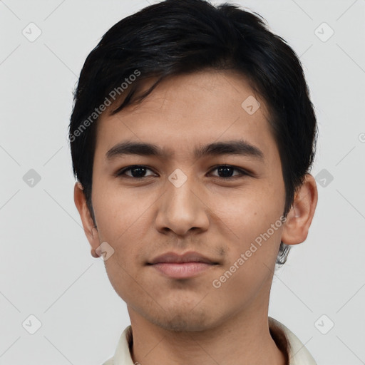 Neutral asian young-adult male with short  black hair and brown eyes