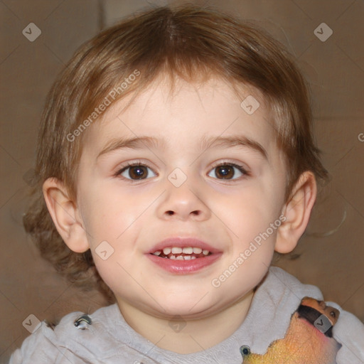 Joyful white child male with medium  brown hair and brown eyes