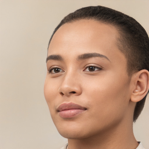 Neutral white young-adult female with short  brown hair and brown eyes