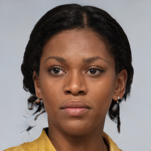 Neutral black young-adult female with short  black hair and brown eyes