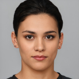 Neutral white young-adult female with short  brown hair and brown eyes