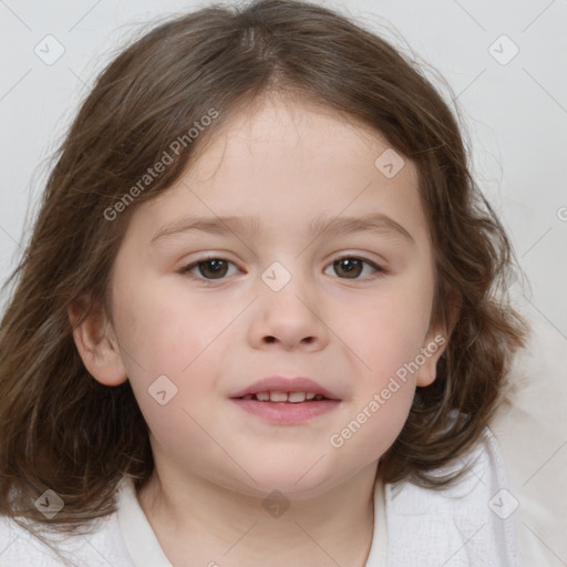 Joyful white child female with medium  brown hair and brown eyes