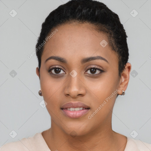 Joyful latino young-adult female with short  black hair and brown eyes