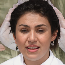 Joyful white adult female with short  brown hair and brown eyes