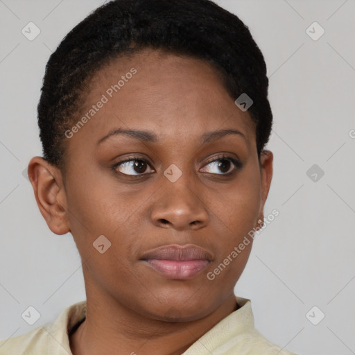 Neutral black young-adult female with short  brown hair and brown eyes