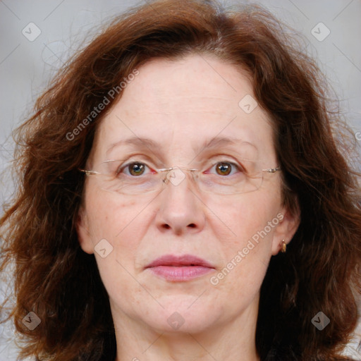 Joyful white adult female with medium  brown hair and blue eyes