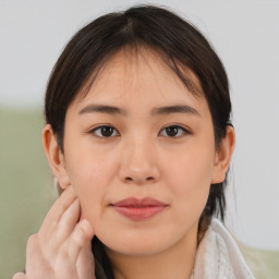 Neutral asian young-adult female with medium  brown hair and brown eyes