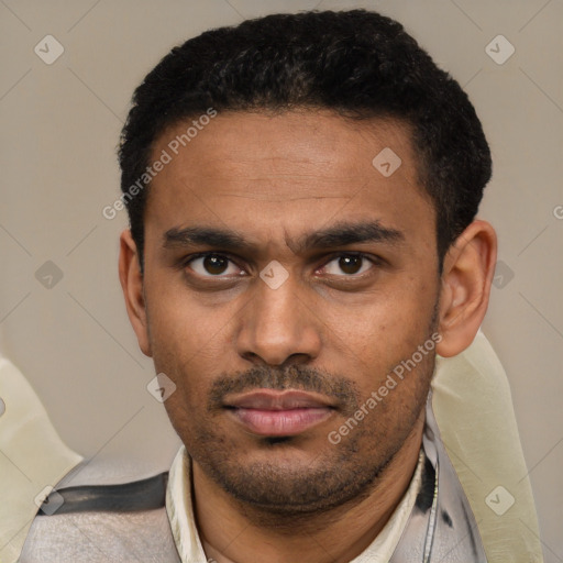 Neutral latino young-adult male with short  black hair and brown eyes