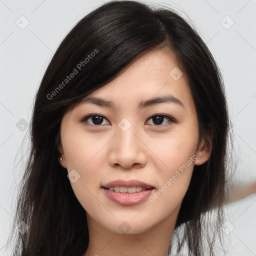 Joyful asian young-adult female with long  brown hair and brown eyes