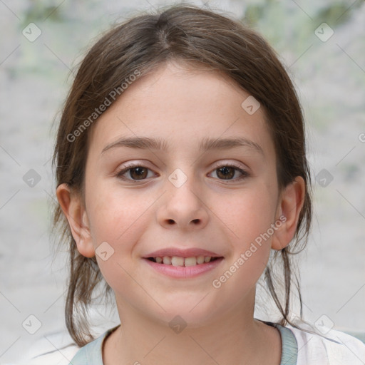 Joyful white child female with medium  brown hair and brown eyes