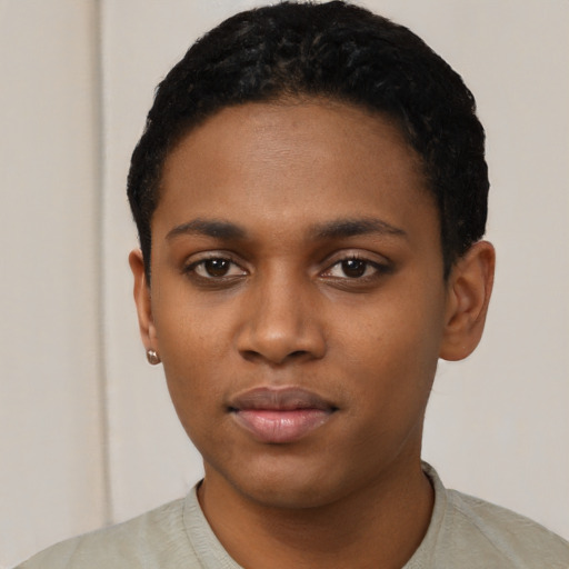 Neutral black young-adult female with short  black hair and brown eyes