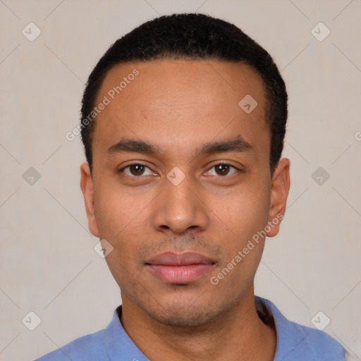 Neutral latino young-adult male with short  black hair and brown eyes